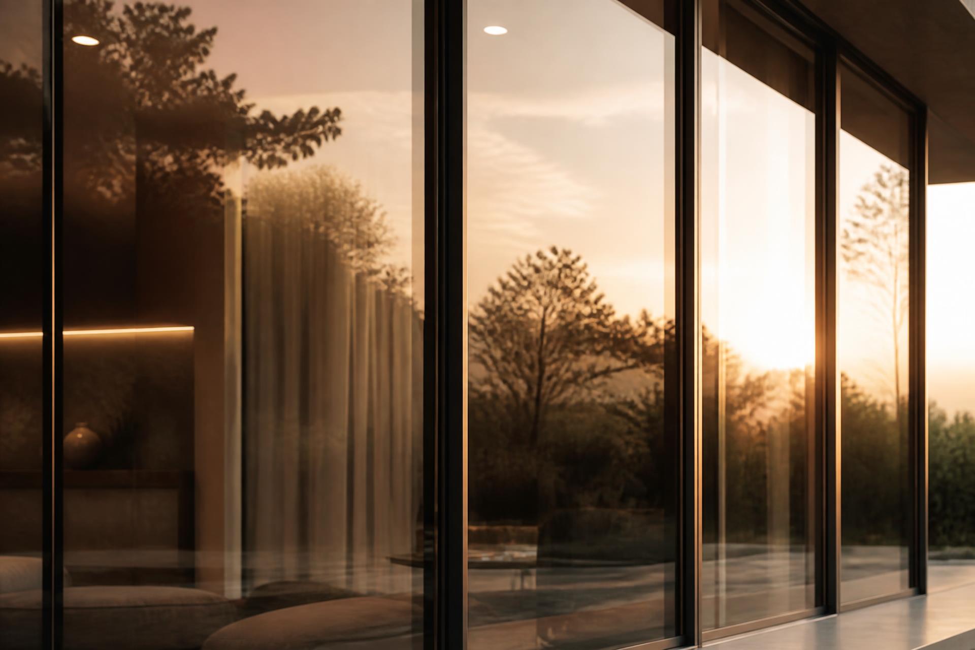 Close-up van grote glaspartijen van een luxe villa in warm avondlicht